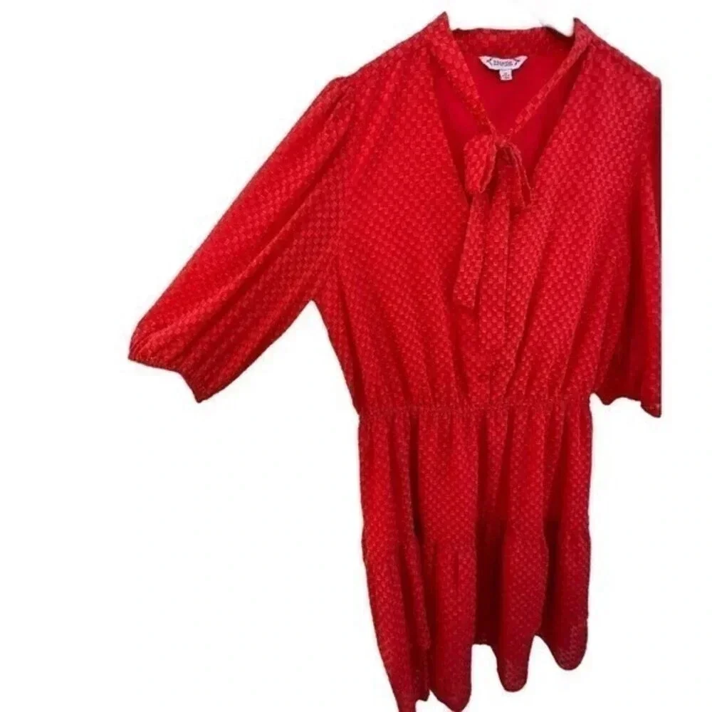 Nanette Lepore Women’s Size 14 Tie-Neck Ruffle-Hem Blouson Red Dress - Picture 6 of 10
